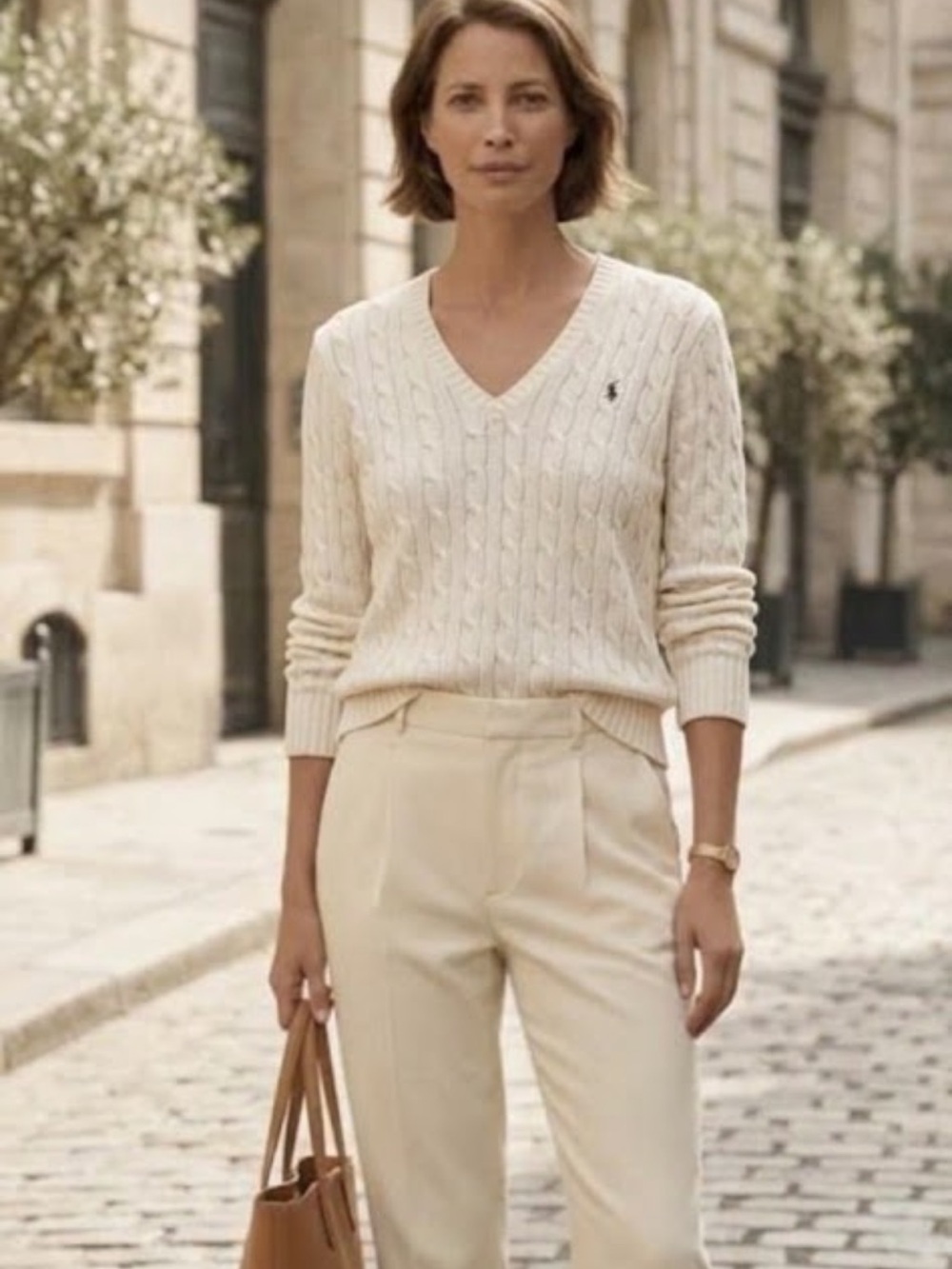 Vintage Y2K Ralph Lauren Sport Cream Cable-Knit V-Neck Sweater